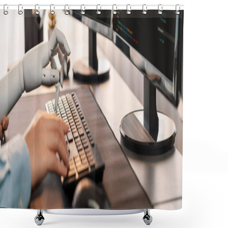 Personality  Program Coding Automation By Generative Artificial Intelligence Or AI Concept. Collaboration Between Robotic Hand And Human Software Developer Solving, Debugging Or Writing Script.Trailblazing Shower Curtains