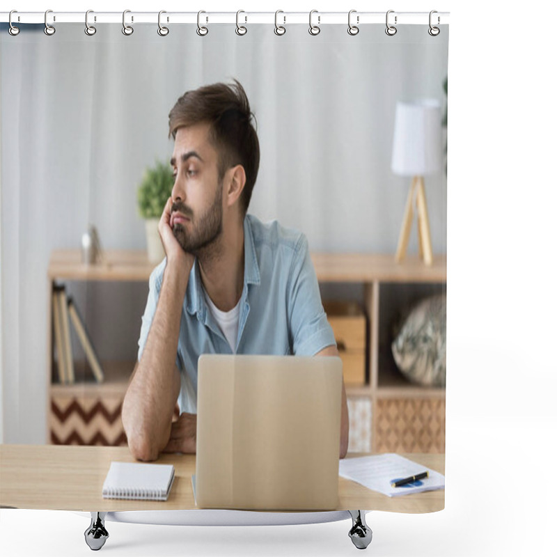 Personality  Tired Man Distracted From Computer Work Lacking Motivation Shower Curtains