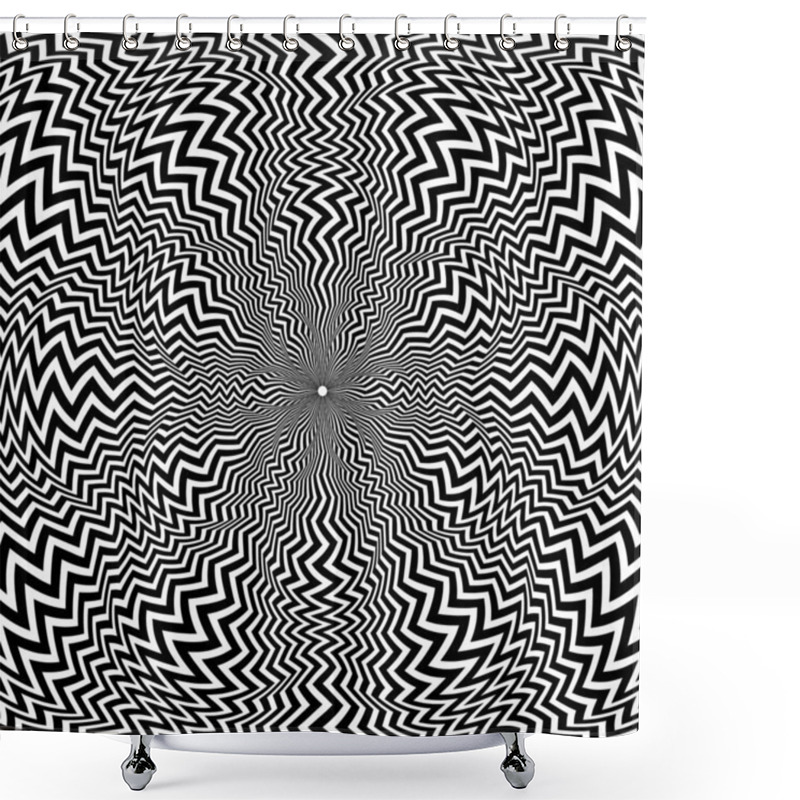 Personality  Optical Art Circular Pattern Of Zigzag Black Lines In The Form Of Radiation. Round Psychedelic Background Design. Shower Curtains