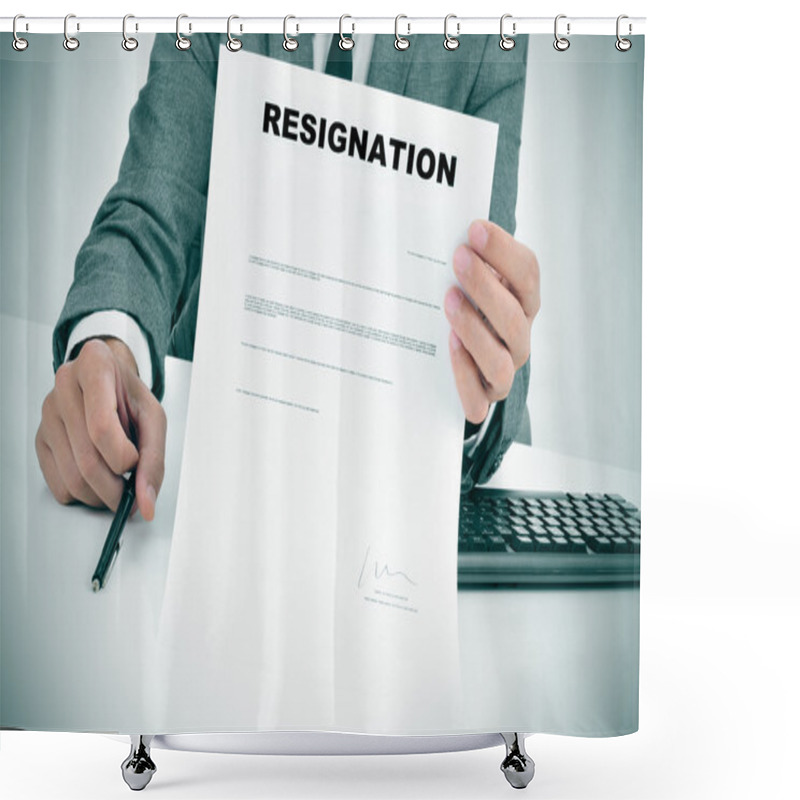 Personality  Man In Suit Showing A Figured Signed Resignation Document Shower Curtains