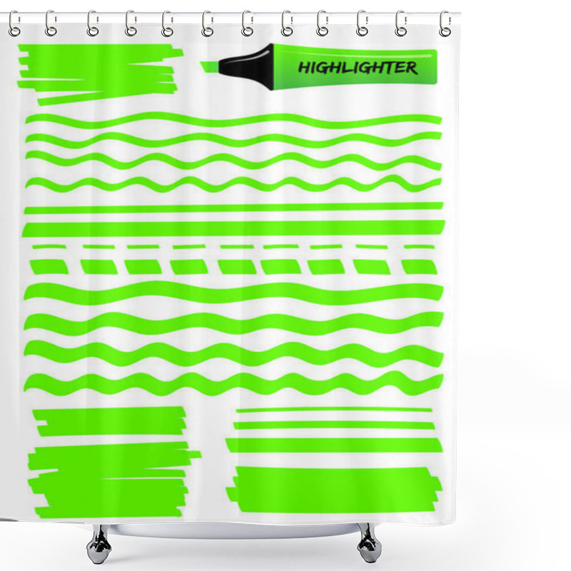 Personality  Hand Drawn Highlighter Brush Graphic Set. Bright Green Hand Drawings With Solid Lines, Wavy Strokes, Dashed Stripes And Highlight Marker Sketchy Boxes. Vector Illustration For School Style Notes Shower Curtains