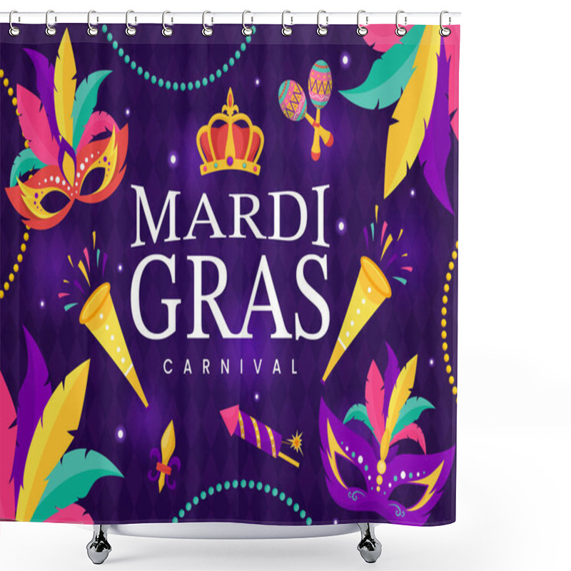 Personality  Mardi Gras Carnival Vector Illustration. Translation Is French For Fat Tuesday. Festival With Masks, Maracas, Guitar And Feathers On Purple Background Shower Curtains