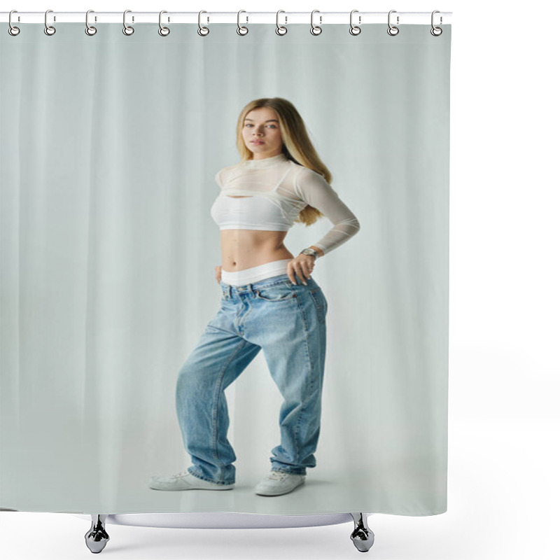 Personality  A Young Woman Stands Gracefully, Showcasing Her Trendy Outfit And Striking Presence In The Moment. Shower Curtains