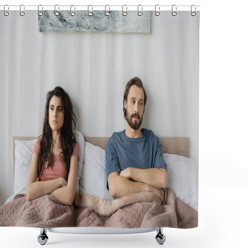 Personality  Couple With Relationship Difficulties Crossing Arms While Sitting On Bed At Home  Shower Curtains