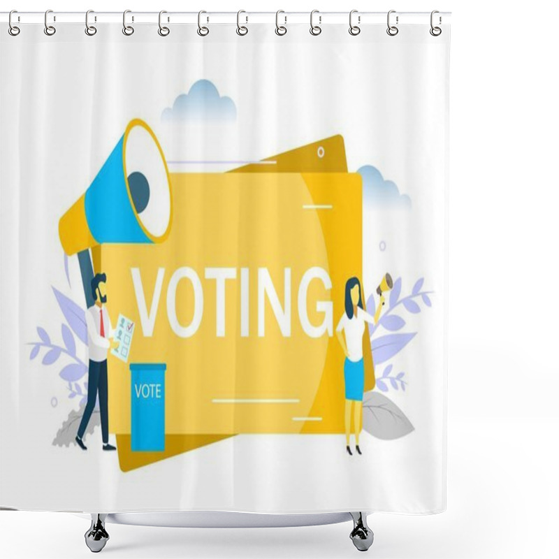 Personality  Voting, Woman Speaking Through Megaphone. Vector Flat Illustration For Web Banner, Website Page Etc. Election Campaign, Polling Day Concept. Shower Curtains