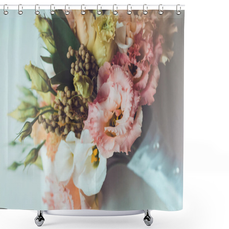 Personality  Beautiful Autumn, Bridal Bouquet Of Wedding Flowers Roses, Eustoma, Berries With White Tape. Pastel Colors Orange, Peach Pink, Yellow. Rustic Style, Still Life. Holiday  Floristic. Fall Gold Marriage Shower Curtains