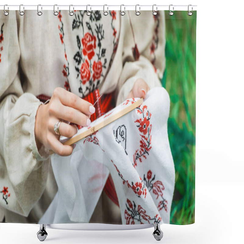 Personality  Girlish Leisure Concept. Girl In Traditional Ukrainian Clothes Embroidering With A Cross Method Shower Curtains