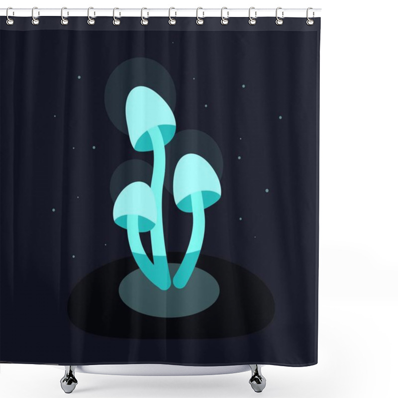 Personality  Fantasy Background With Neon Mushrooms. Blue Luminous Mushrooms On A Hummock, Blue Lights Fly In The Dark. Vector Illustration. Stars Shine In The Dark. Three Poisonous Grebes Emit Light Shower Curtains