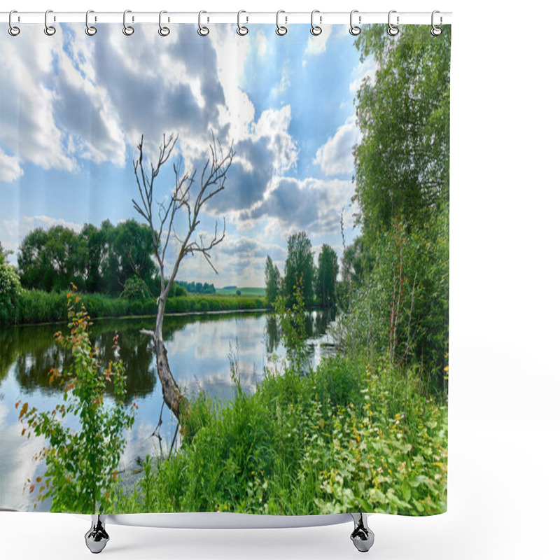 Personality  Peaceful Rural Summer European Landscape With Green Trees And Wa Shower Curtains