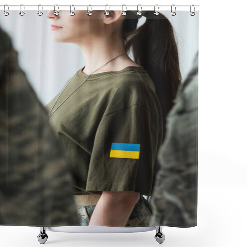 Personality  Cropped View Of Servicewoman With Ukrainian Flag On Chevron Standing Near Blurred Soldiers Isolated On Grey  Shower Curtains