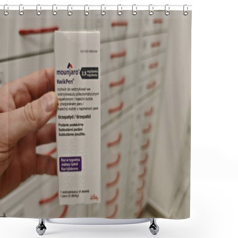 Personality  Prague, Czech Republic - October 25 2024: MOUNJARO KWIKPEN With TIRZEPATIDE Active Substance By ELI LILLY, Used For Type 2 Diabetes And Weight Management. Shower Curtains