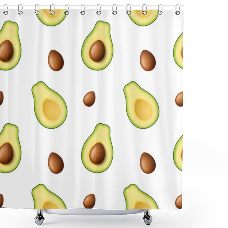 Personality  Seamless Pattern Of Realistic Green Avocado For Healthy Eating. 3d Render. Sliced Avocado In Half With Pip. Vector Illustration Isolated On White Background. Shower Curtains