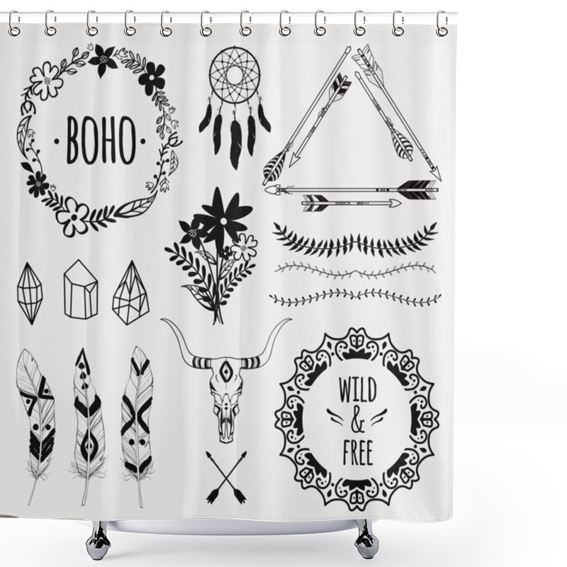 Personality  Vector Monochrome Ethnic Set With Arrows, Feathers, Crystals, Floral Frames, Borders, Dream Catcher, Bull Skull. Modern Romantic Boho Style. Templates For Invitations, Scrapbooking. Hippie Design Elements. Shower Curtains