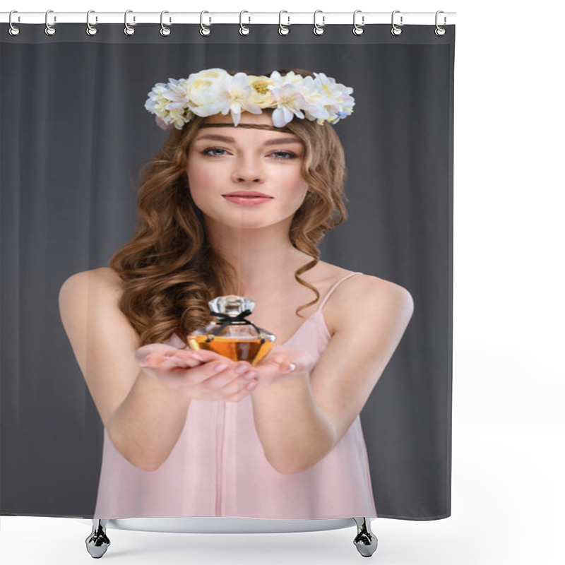 Personality  Beautiful Young Woman In White Floral Wreath Holding Bottle Of Perfume Isolated On Grey Shower Curtains