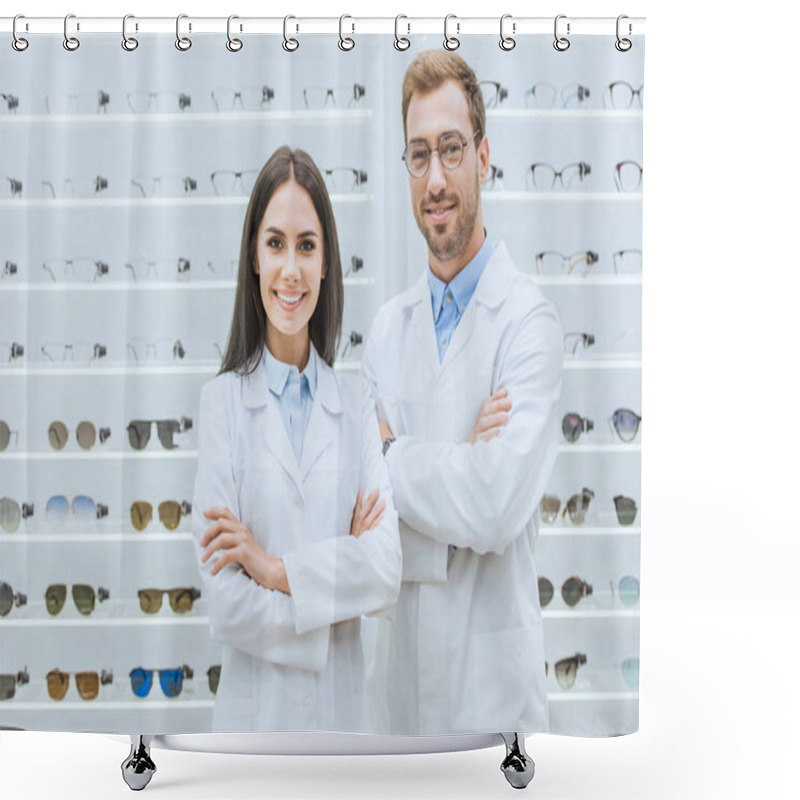 Personality  Professional Smiling Oculists Posing With Crossed Arms In Ophthalmic Shop With Glasses Shower Curtains