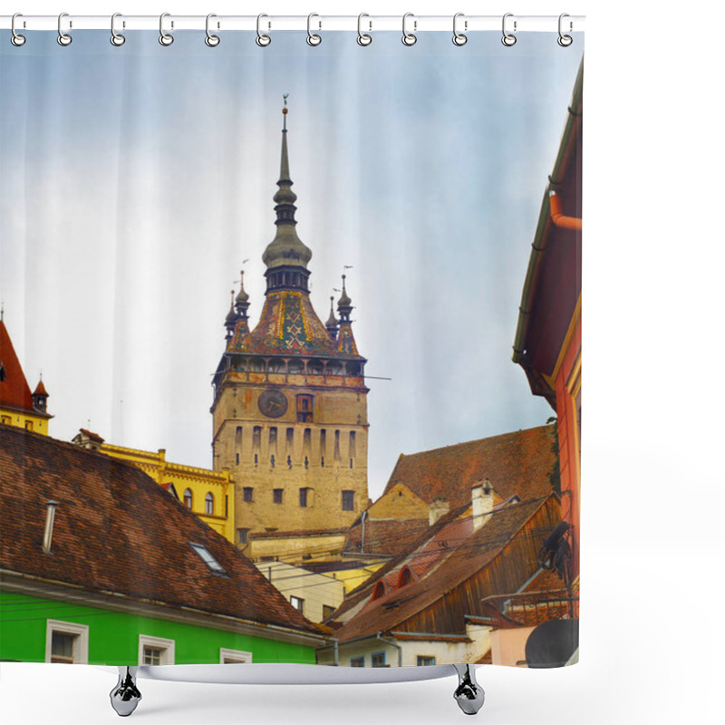 Personality  View Of Sighisoara Clock Tower In Rainy Day, Romania Shower Curtains