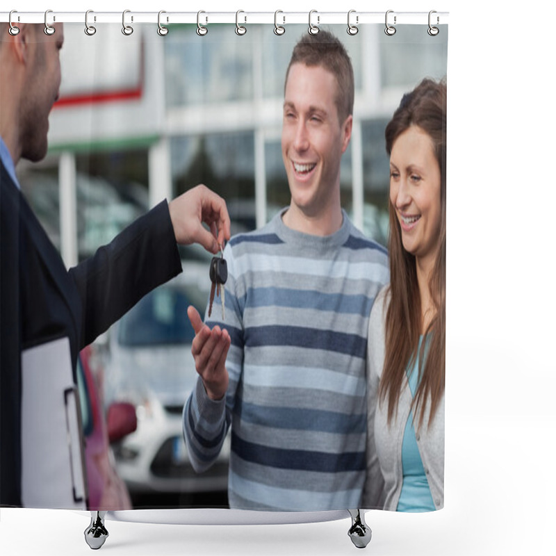 Personality  Couple Receiving Car Keys By A Dealer Shower Curtains