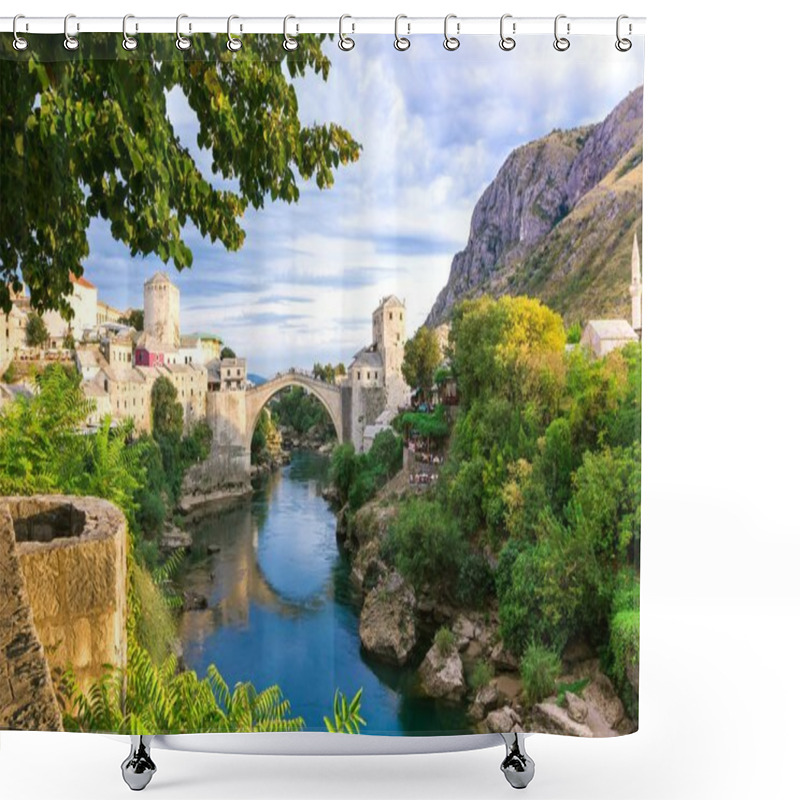 Personality  Beautiful Landscape Of The Historic Town Of Mostar In The Lights Of The Sunset, Valley Of The Neretva River Shower Curtains