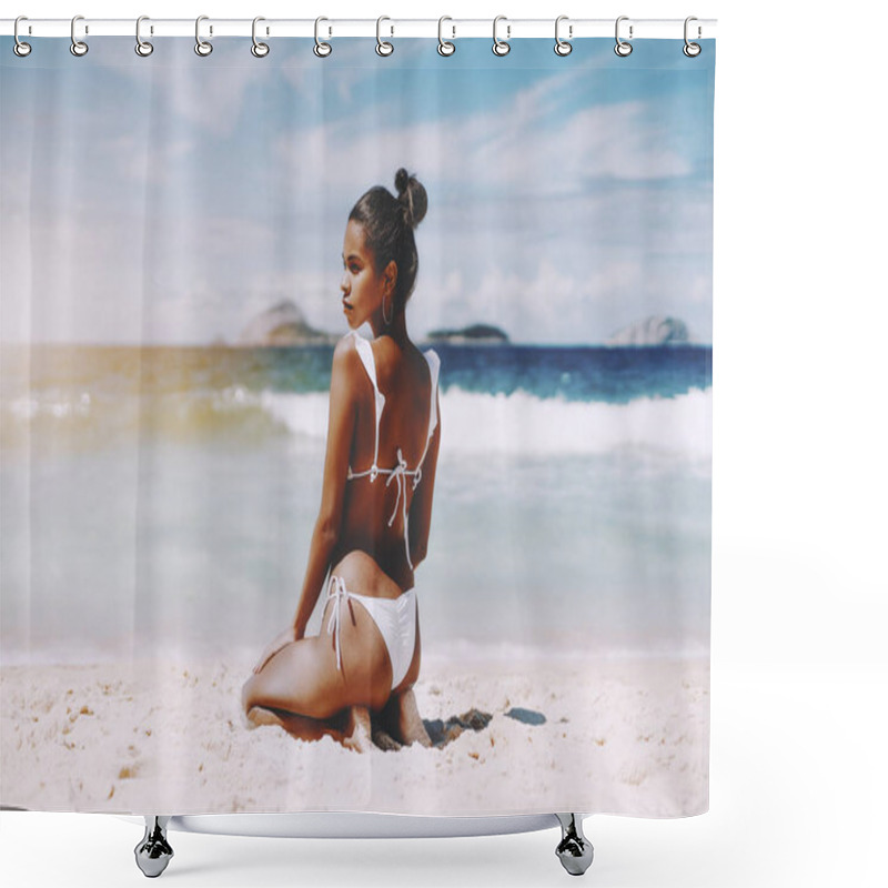 Personality  Black Young Model Girl In Swimsuit On The Beach Shower Curtains