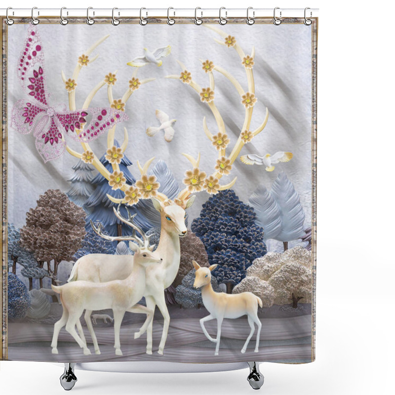 Personality  3d Mural Flowers Background With Deer And Circle Wallpaper For Walls . With Golden Tree Flowers And Jewelery Background . Shower Curtains