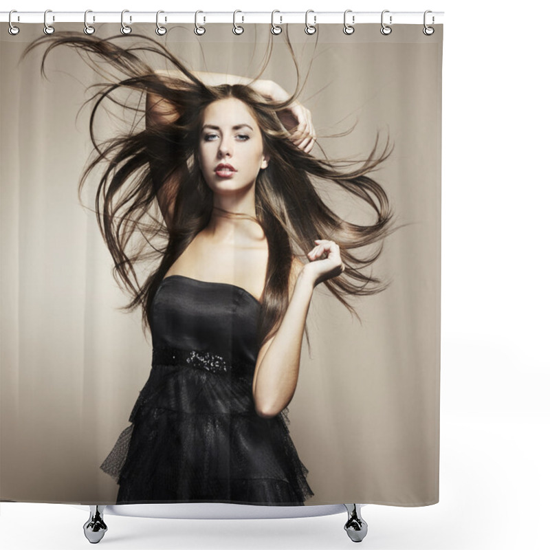 Personality  Portrait Of Young Dancing Woman With Long Flowing Hair Shower Curtains