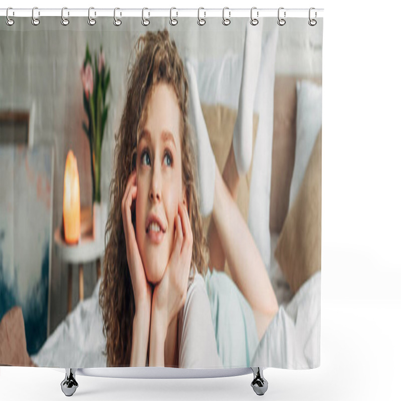 Personality  Dreamy Girl Lying On Bed In Bedroom With Himalayan Salt Lamp, Panoramic Concept Shower Curtains