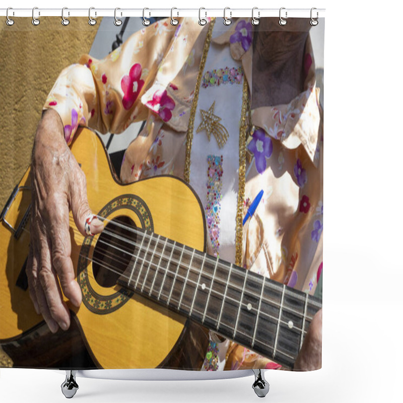 Personality  Detail Of A Gentleman Playing The Guitar During The Folia De Reis Folk Festival. Sunny Day; Colorful Clothes Shower Curtains