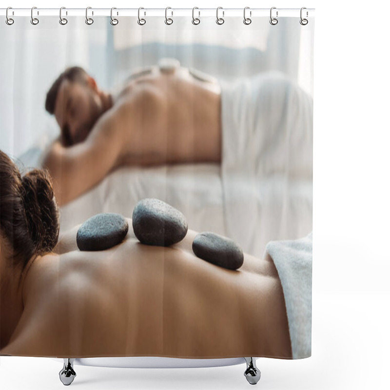 Personality  Selective Focus Of Woman Having Stone Massage Near Man In Spa Center  Shower Curtains