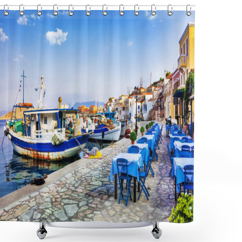 Personality  Traditional Greece Series - Chalki Island With Old Boats And Taverna Shower Curtains