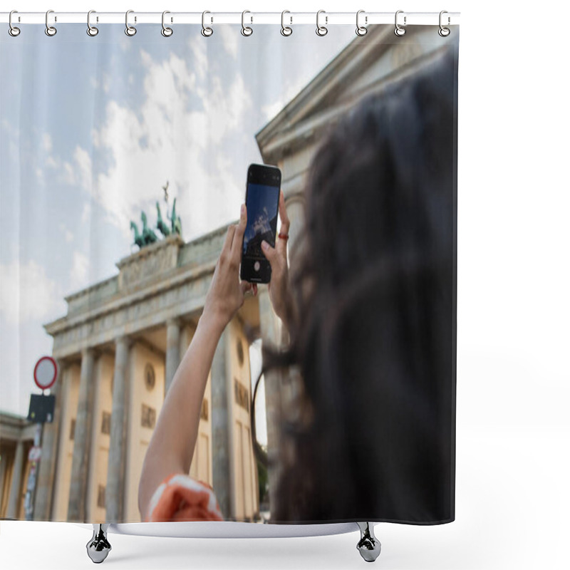 Personality  Blurred And Curly Tourist Taking Photo Of Brandenburg Gate In Berlin   Shower Curtains