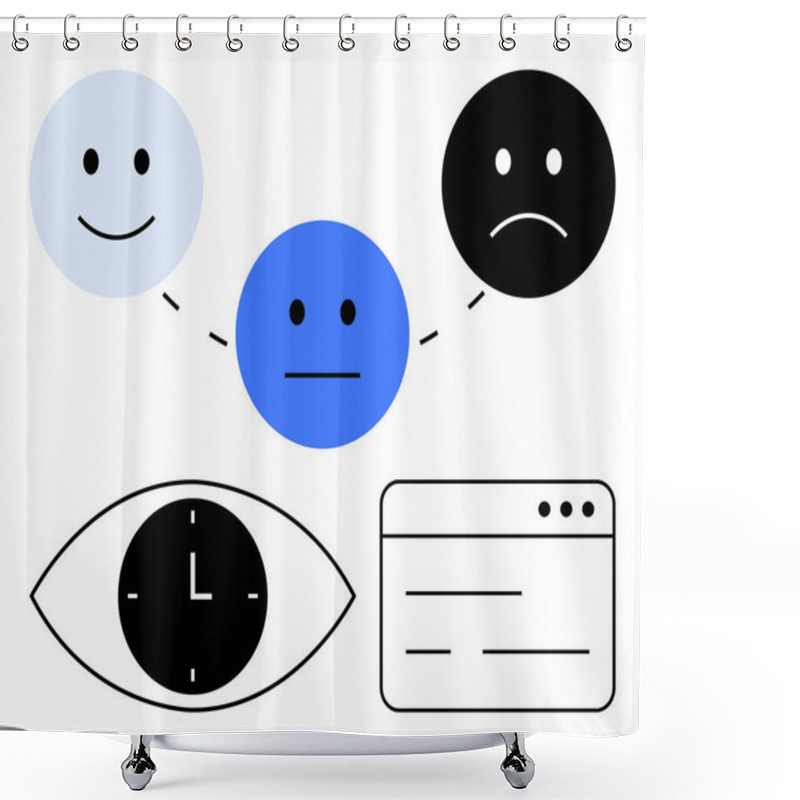 Personality  Three Emotive Faces For Emotions Progression, Eye With Clock Symbolizing Attention And Time, And Browser Layout. Ideal For User Experience, Emotions, Tracking, Analytics, Time Management, Behavior Shower Curtains