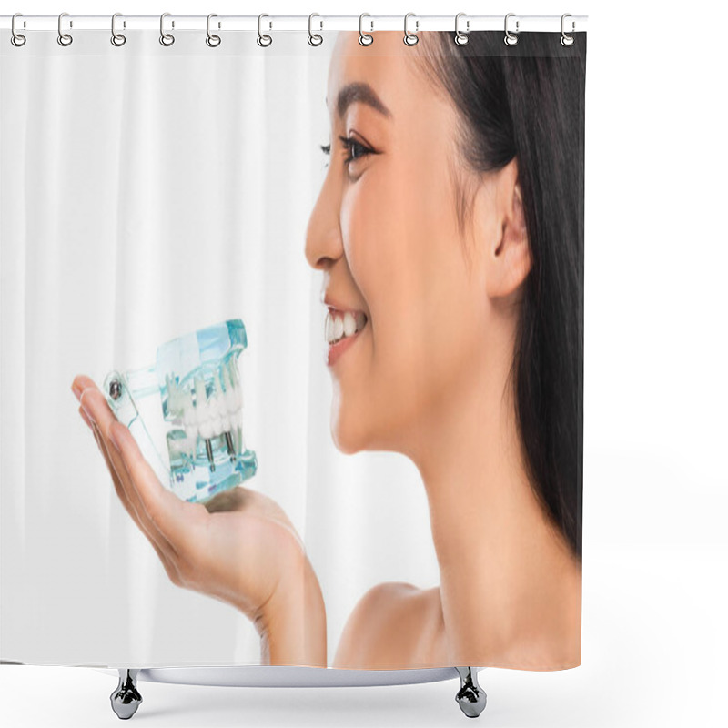 Personality  Side View Of Smiling Naked Asian Woman Holding Jaw Model Isolated On White Shower Curtains