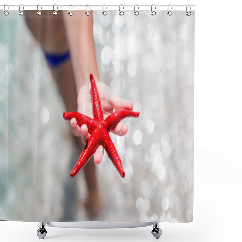 Personality  Closeup Starfish At Beach Background Water Shower Curtains