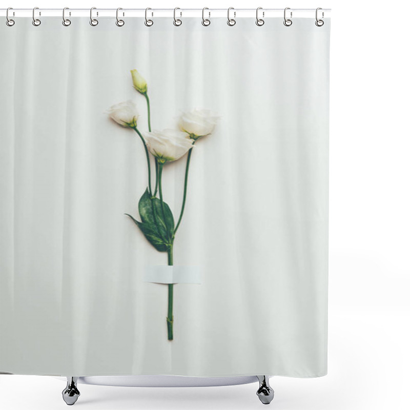 Personality  Beautiful Tender White Eustoma Flowers With Green Leaves On Grey Shower Curtains