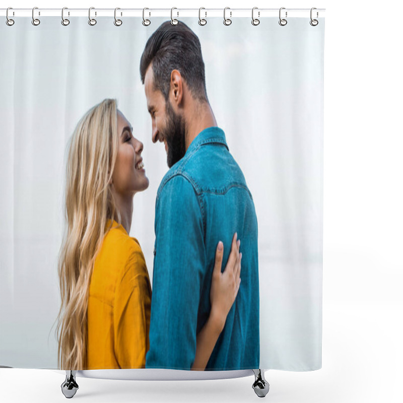 Personality  Side View Of Smiling Couple Hugging And Looking At Each Other Against Blue Sky Shower Curtains