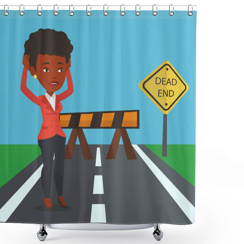 Personality  Business Woman Looking At Road Sign Dead End. Shower Curtains