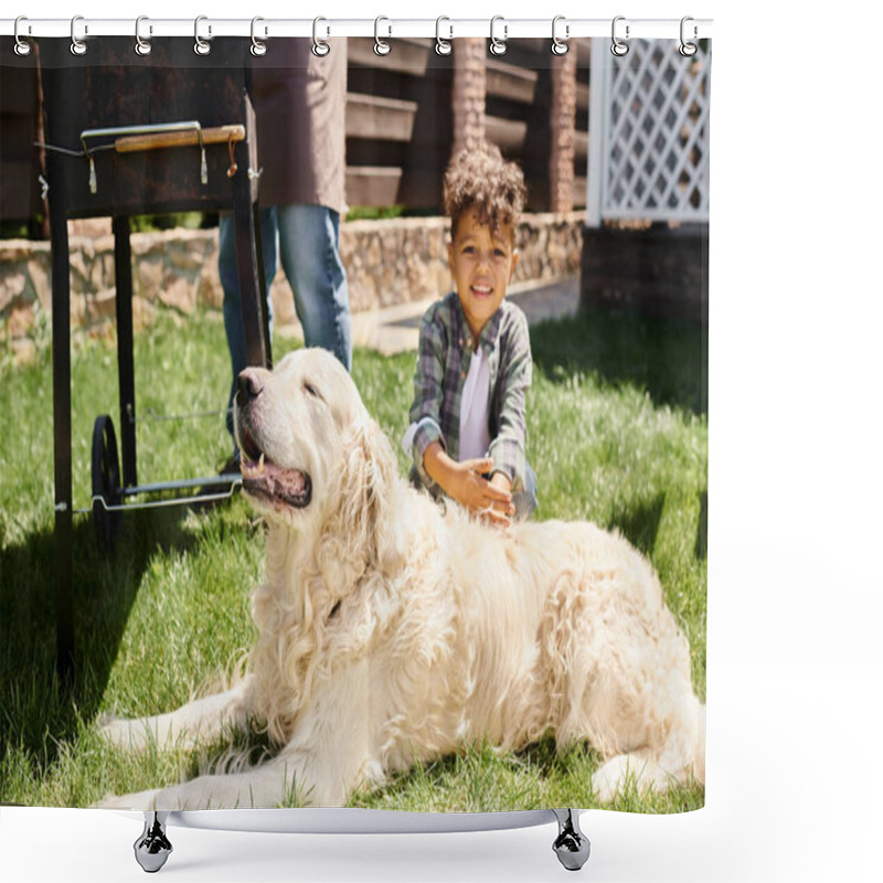 Personality  Smiling African American Boy Sitting Near Dog While Father Cooking Bbq Grill On Backyard In Suburbs Shower Curtains