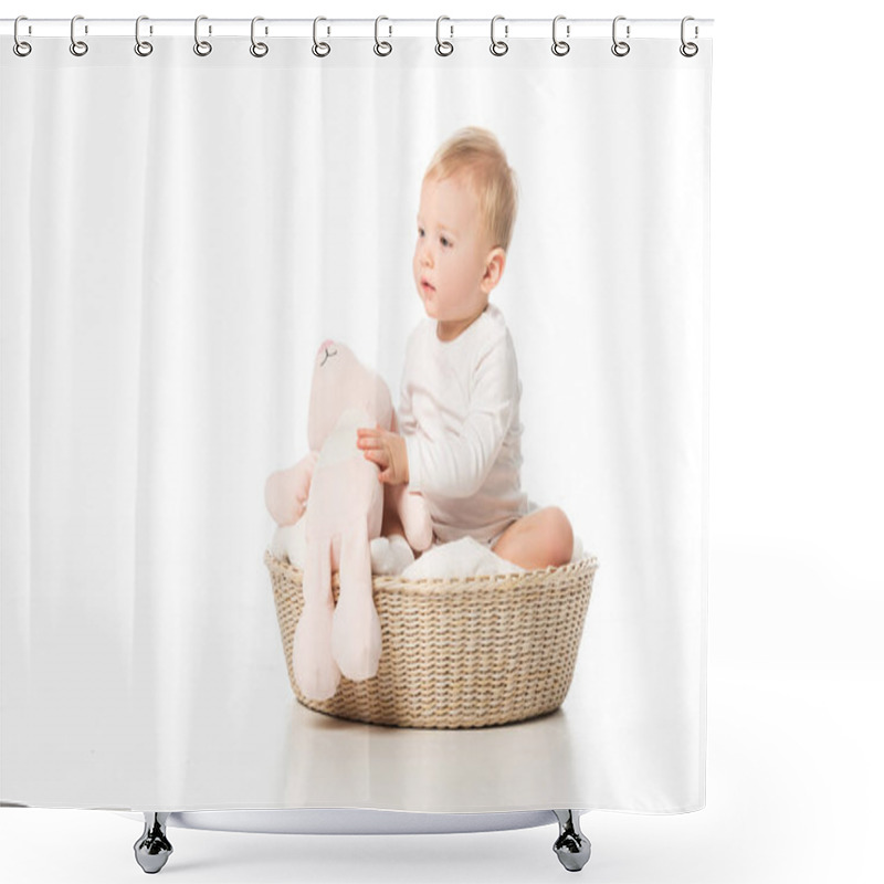 Personality  Cute Child Holding Pink Bunny And Sitting On Blanket In Basket On White Background Shower Curtains