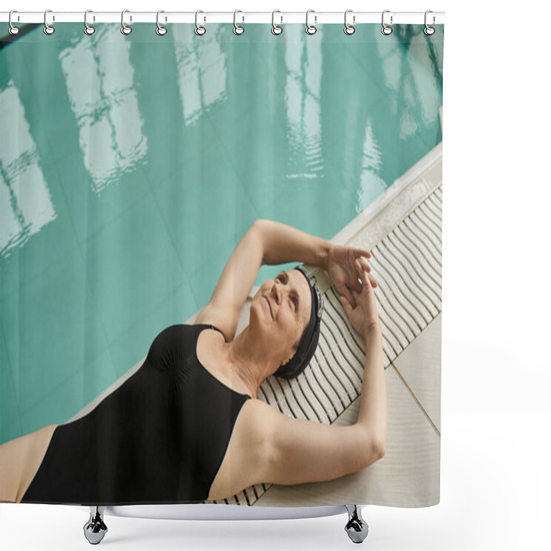 Personality  Happy Middle Aged Woman Lying At Poolside, Top View, Swim Cap And Goggles, Pool Water, Spa Center Shower Curtains