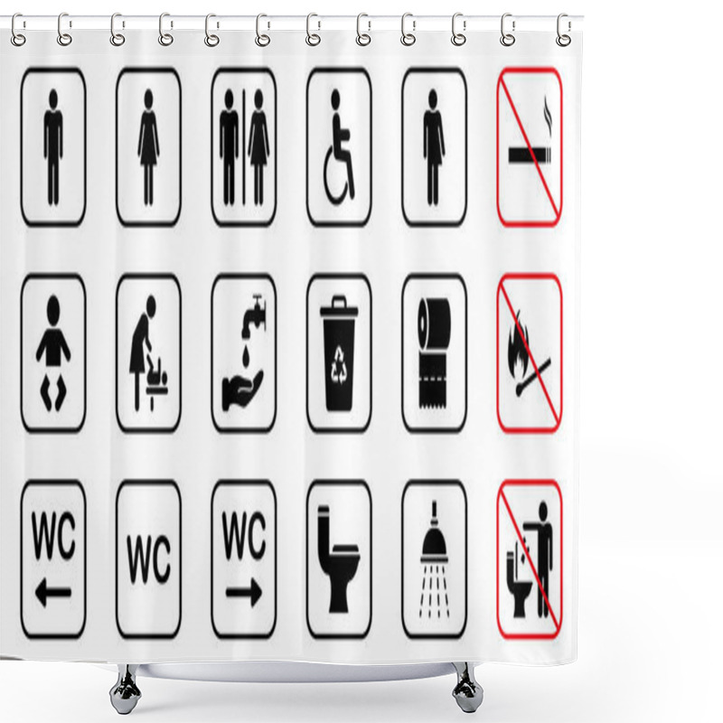 Personality  Toilet Room Silhouette Icon. Set Of WC Sign. Bathroom, Restroom Pictogram. Public Washroom For Disabled, Male, Female, Transgender. Mother And Baby Room. No Smoking Sign. Vector Illustration Shower Curtains