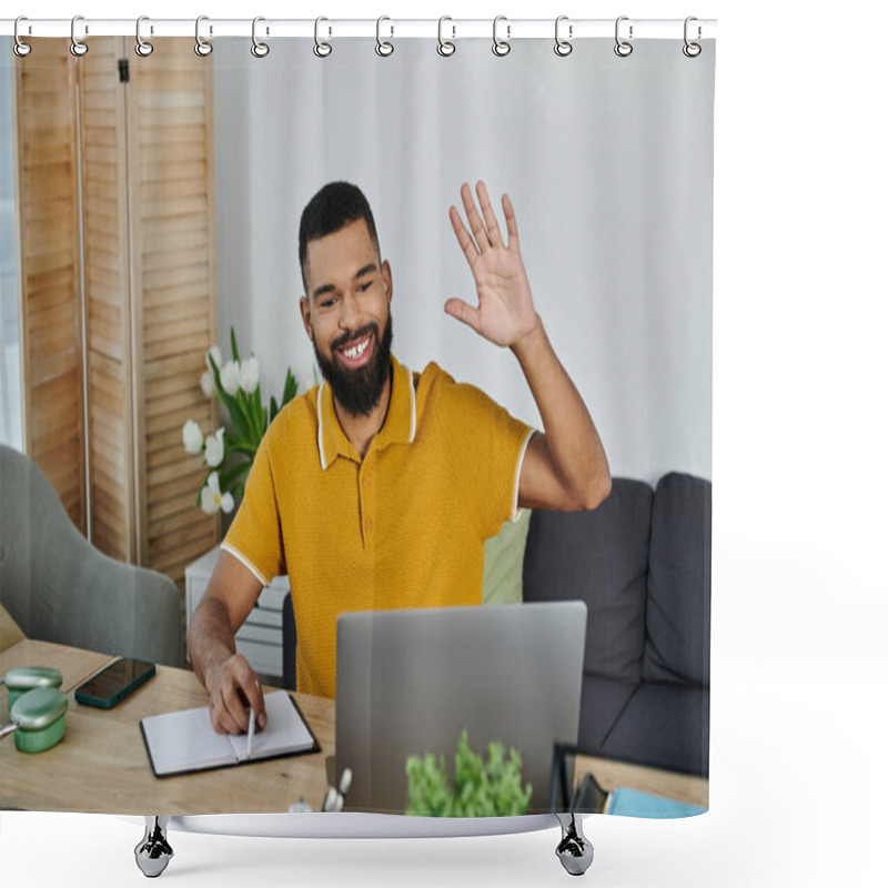 Personality  A Joyful Man Greets Others During A Virtual Conversation At His Cozy Home. Shower Curtains