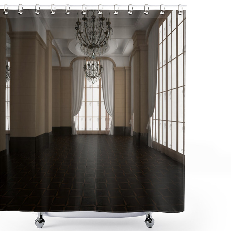 Personality  3d Rendering.Classic Hall, Blank Interior. Wooden Dark Parquet Floor. Light Cream Walls Shower Curtains