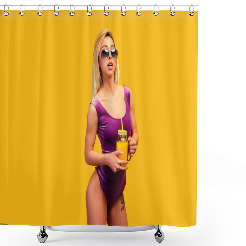 Personality  Alluring Tattooed Model With Refreshing Drink Shower Curtains