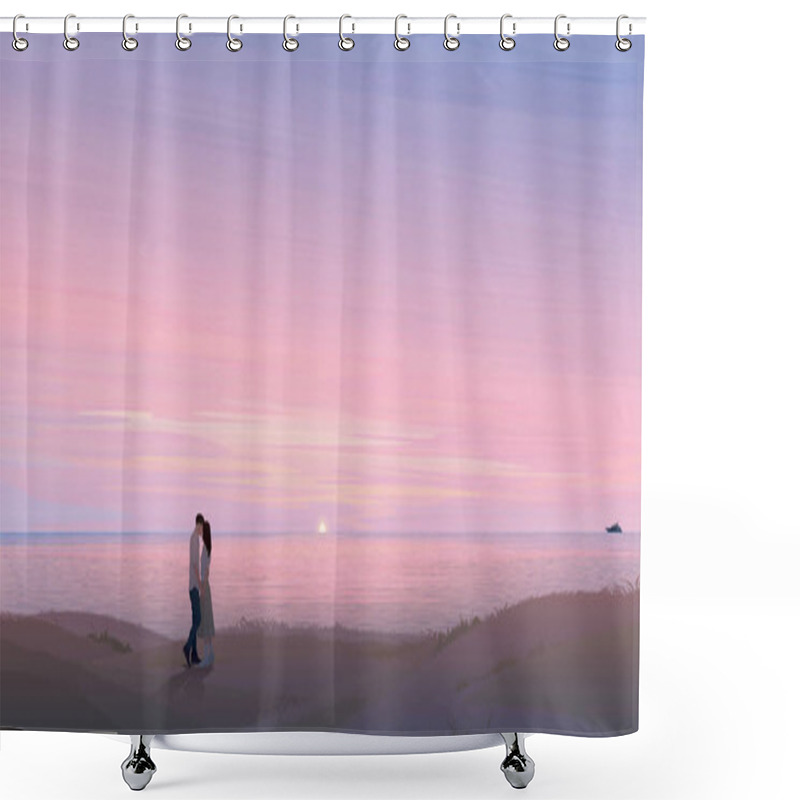 Personality  Seascape With Couple Of Lover Kissing Silhouetted At Cliff Have Twilight Sky Background Graphic Illustration. Valentine Day Illustrated Concept Have Blank Space. Shower Curtains