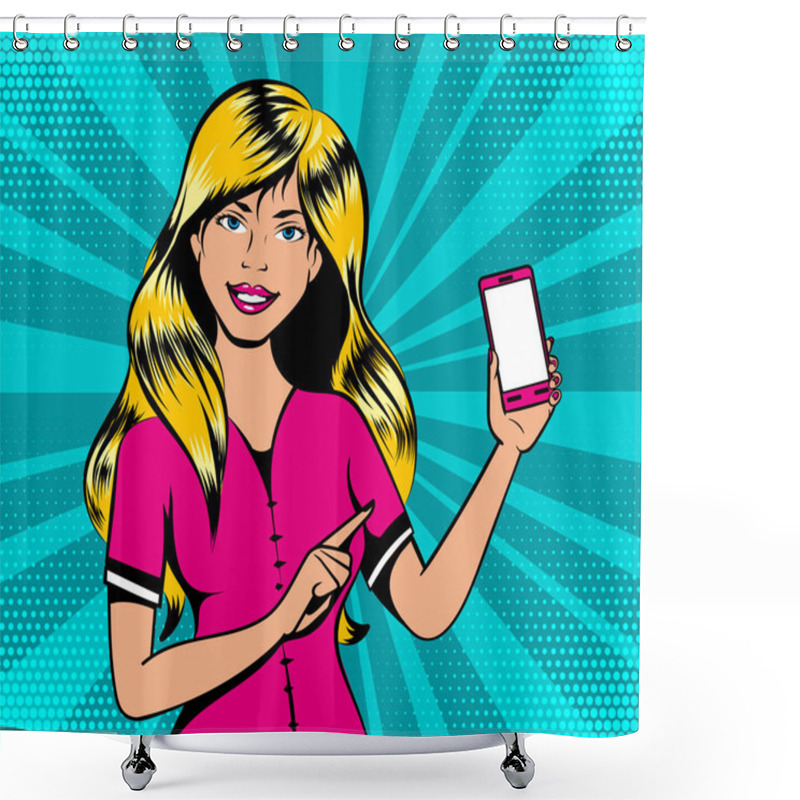 Personality  Blond Girl With Smart Phone In Pop Art Retro Comic Book Style, Vector Illustration Shower Curtains