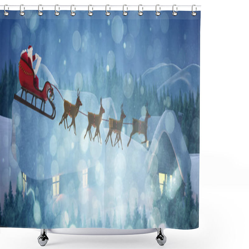 Personality  Side View Of Santa Claus Riding On Sleigh During Christmas Against Cute Village In The Snow Shower Curtains