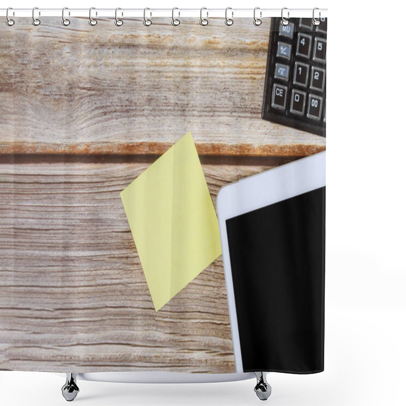 Personality  Yellow Sticky Note Is Placed Beside Digital Tablet PC, Calculator On Wooden Desk Setting Suggests An Organized Workspace, Ideal For Productivity Planning. Shower Curtains