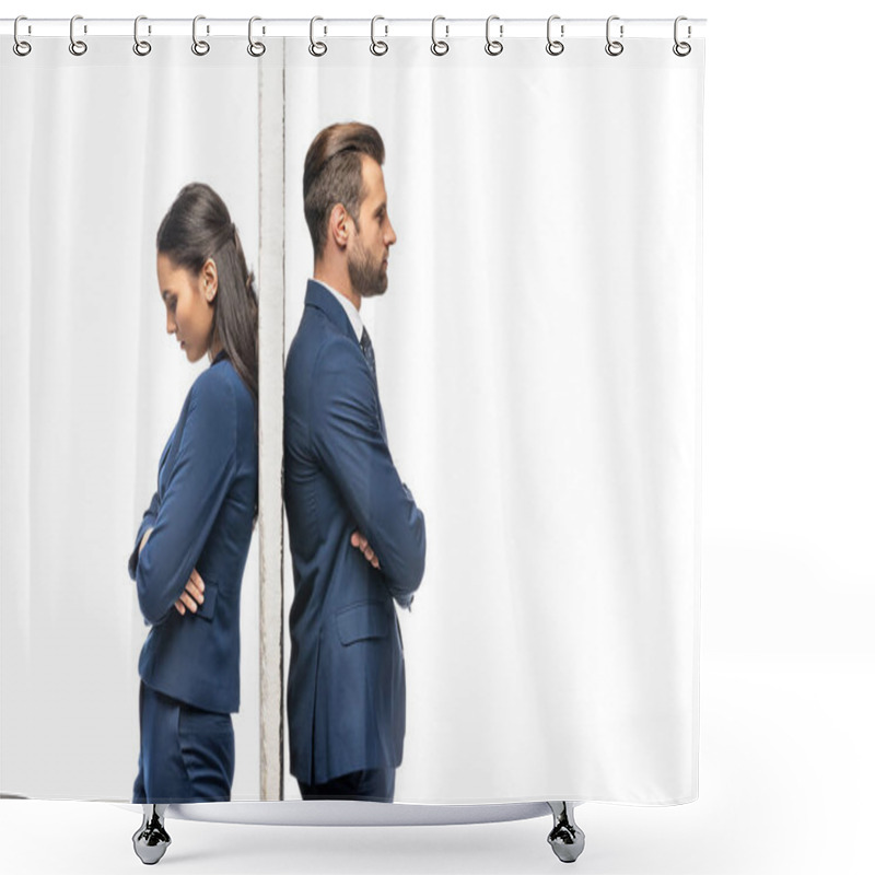 Personality  Upset Businessman And Businesswoman Separated By Wall Isolated On White Shower Curtains