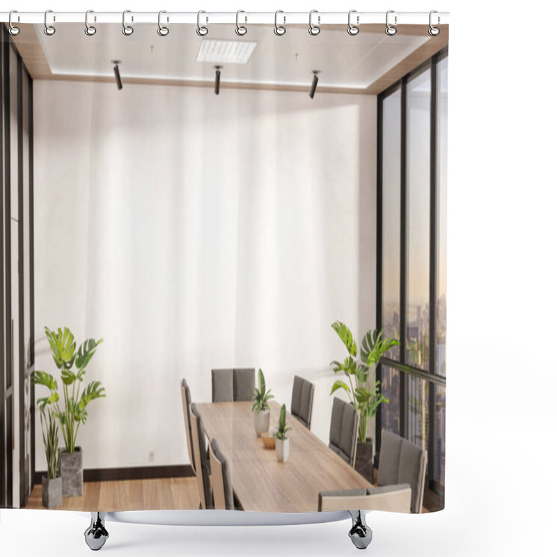 Personality  Blank Wall Mockup In Bright Wooden Office With Large Windows And Sun Passing Through. Empty Company Meeting Room 3D Rendering Shower Curtains