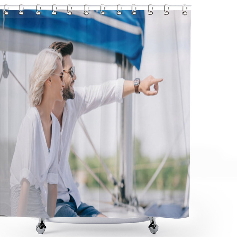 Personality  Happy Young Couple In Sunglasses Looking Away While Sitting Together On Yacht Shower Curtains